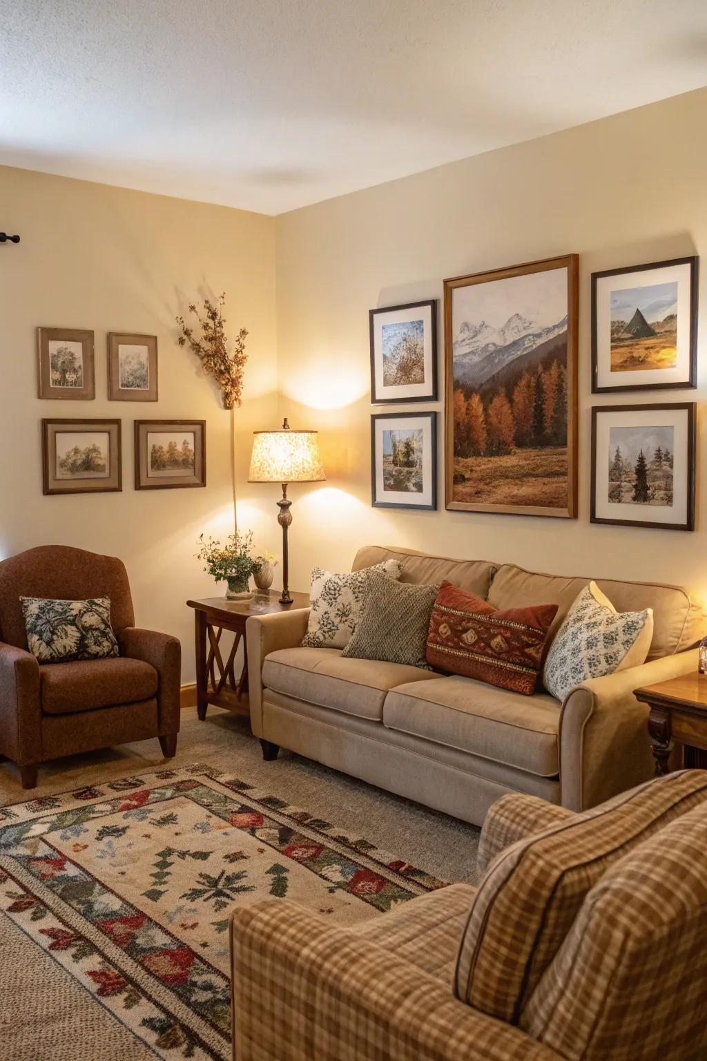 A warm ambiance is created by welcoming art for unwinding.