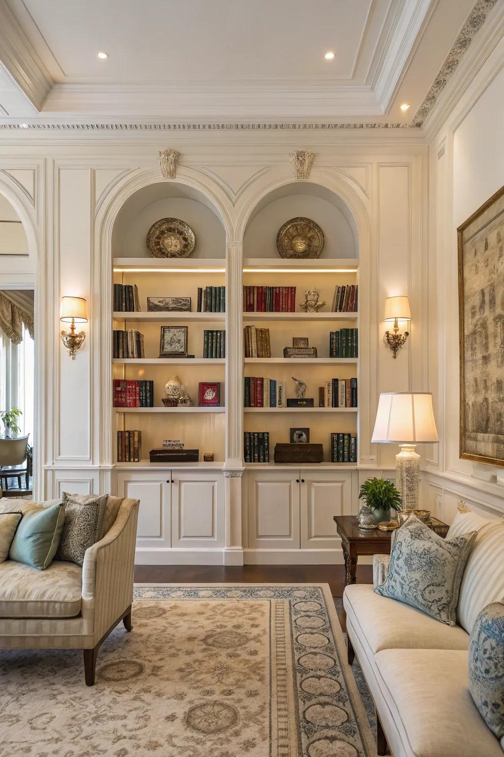 Realize consonance through symmetrical shelf arrangements.