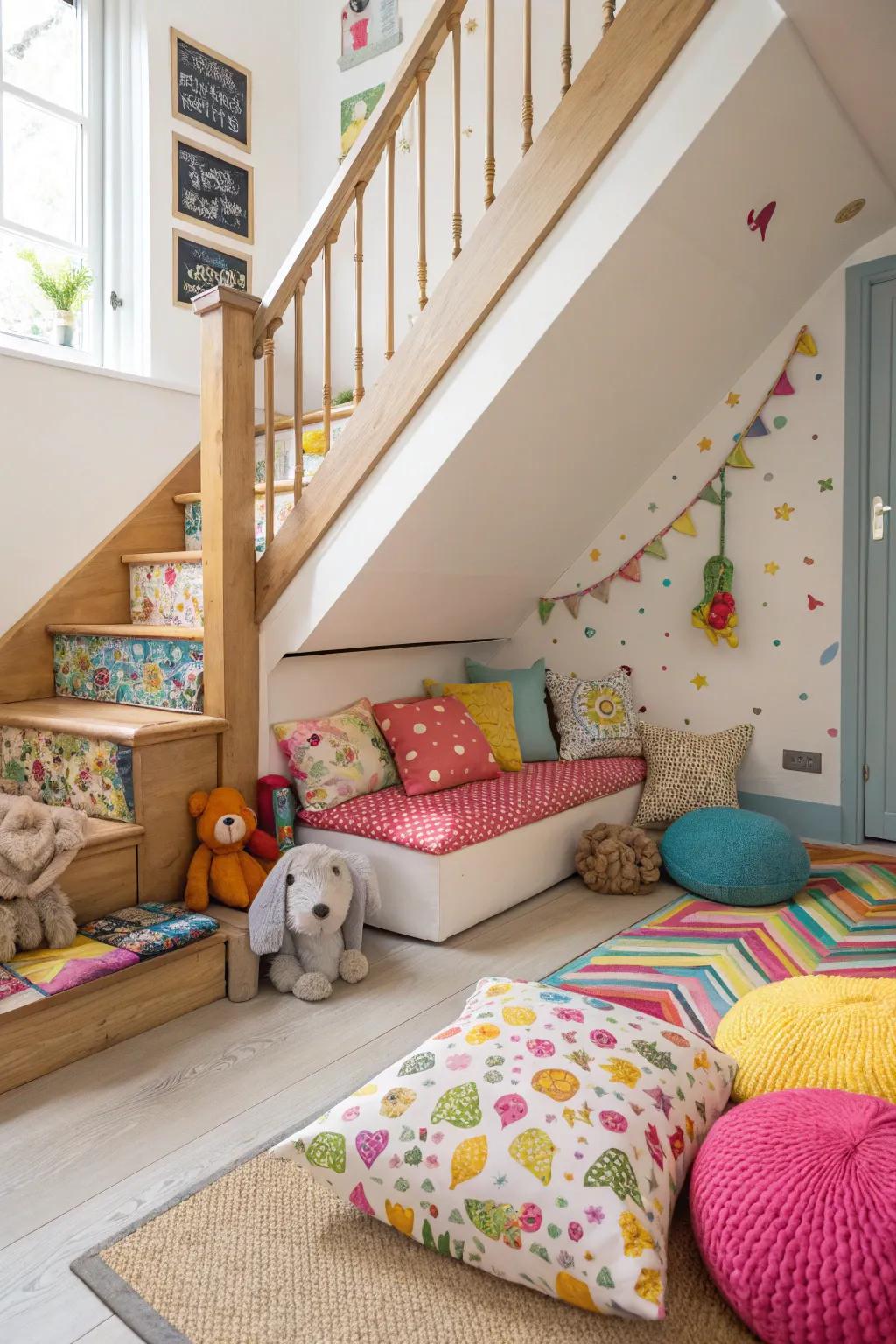 A children's play area under the staircase is a delightful use of space.