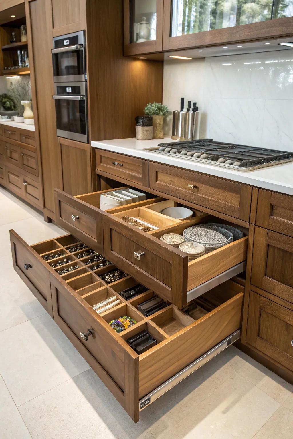 Smart storage keeps your darkwood kitchen organized and chic.