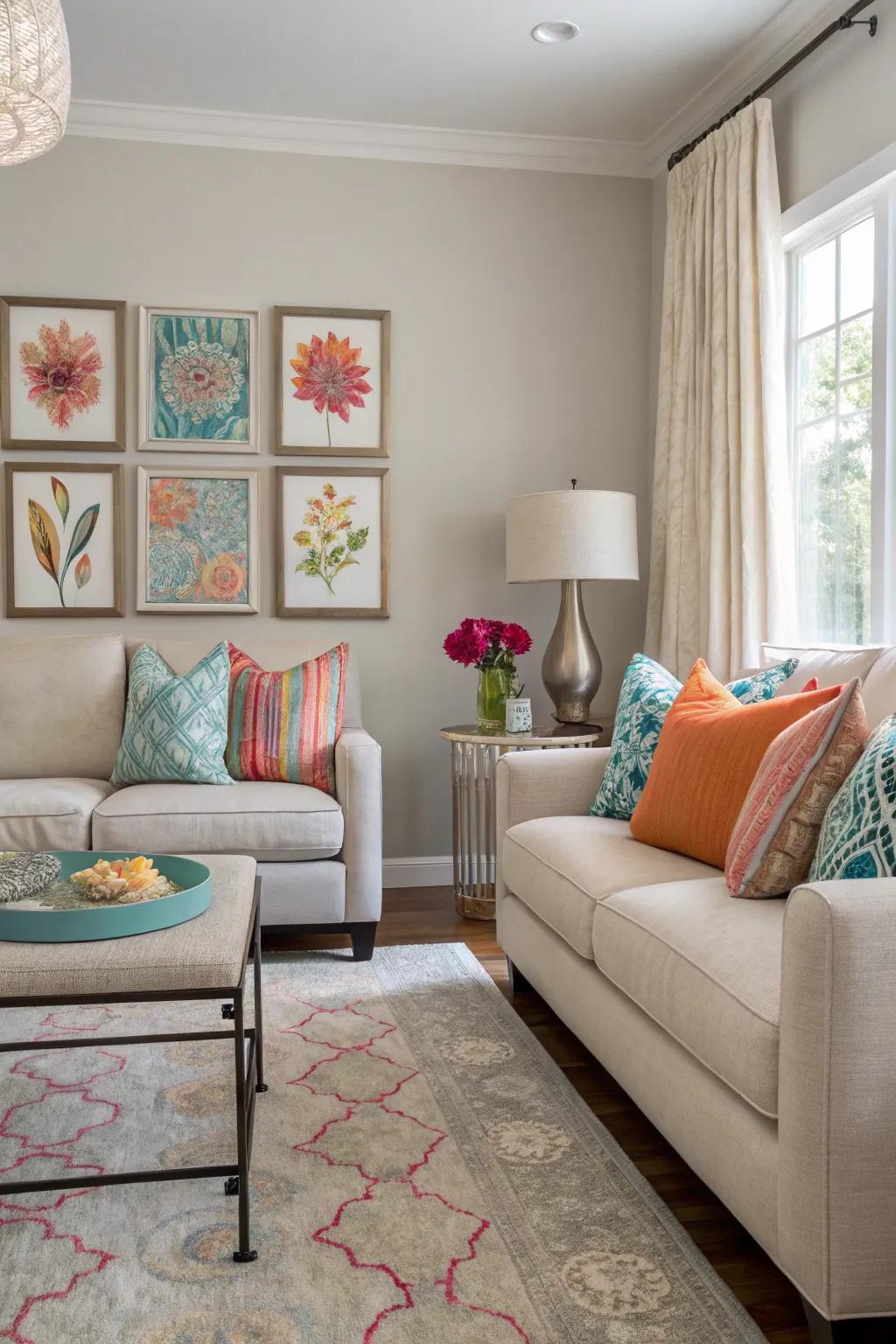 Highlights of vibrancy contribute character to a neutral living space, all without overpowering its primary aesthetic.