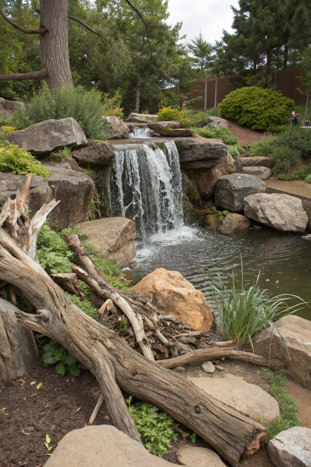 Employing driftwood introduces an artistic touch to your cascade.