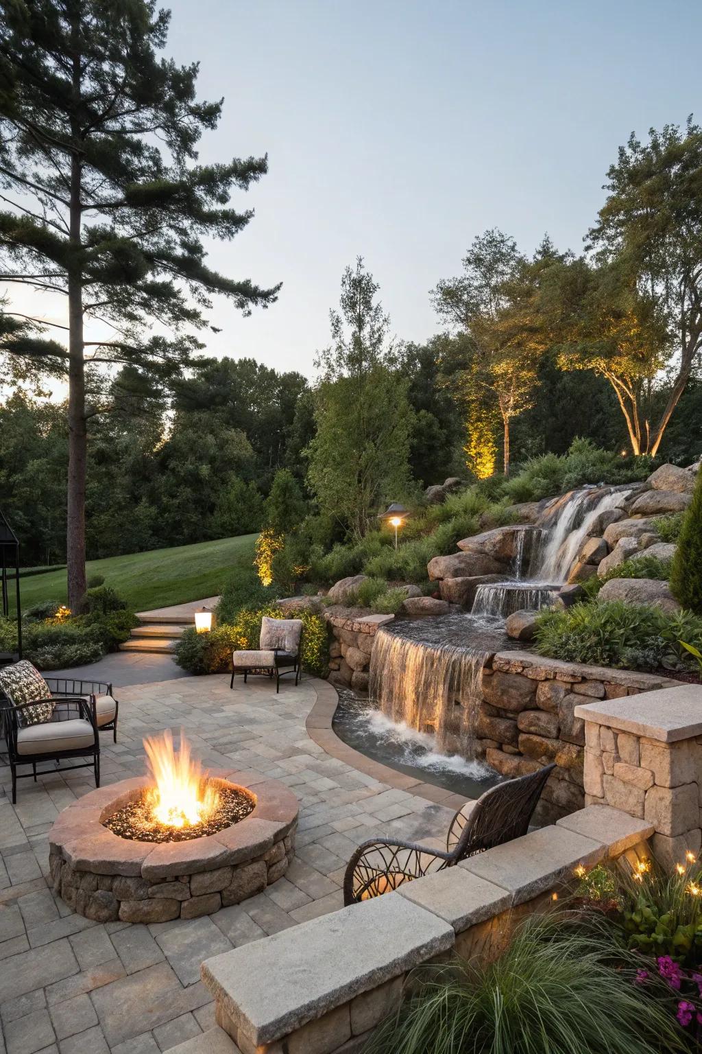 A fire and water element offers a captivating garden centerpiece.