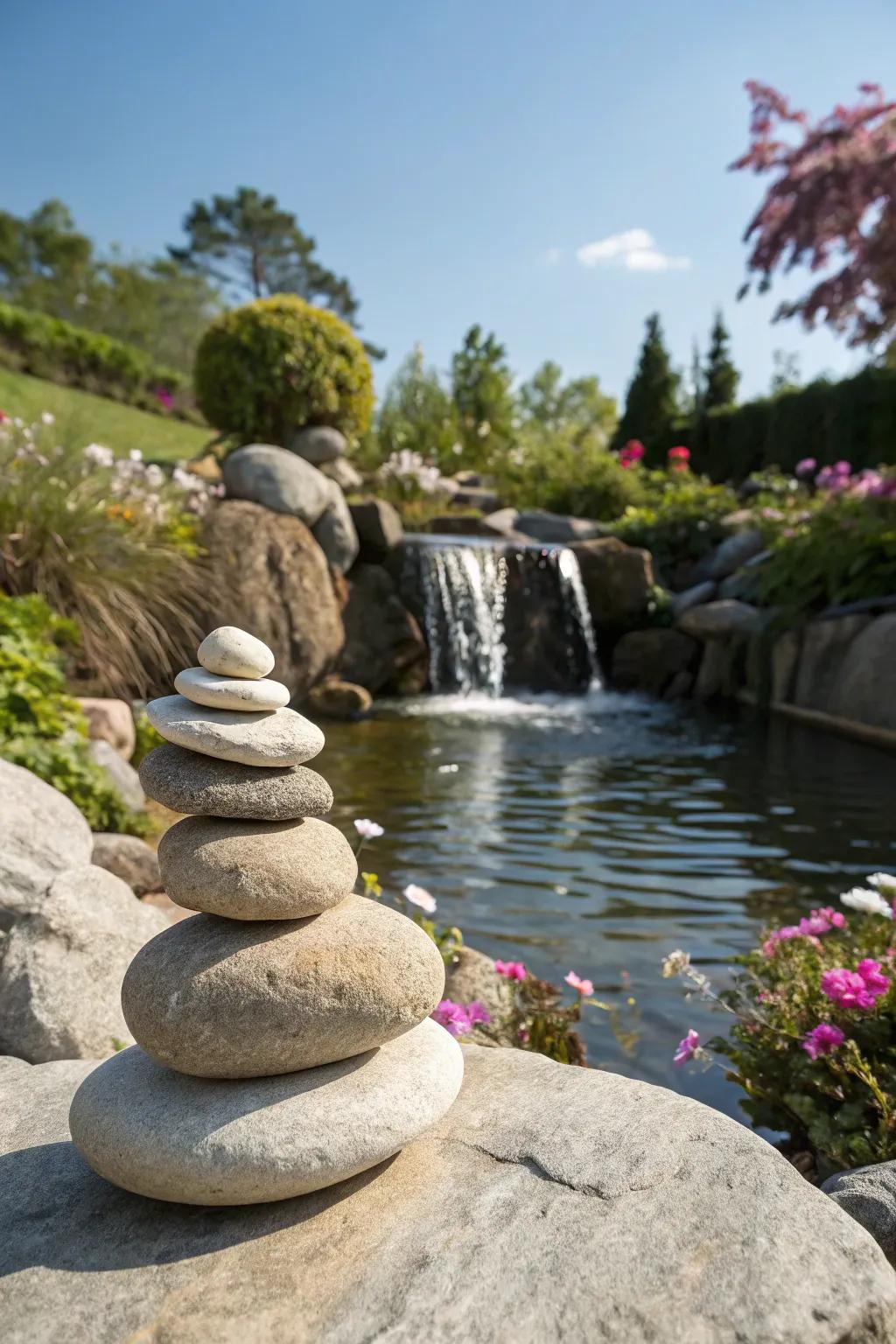 A Zen-inspired garden water feature with thoughtfully stacked rocks.