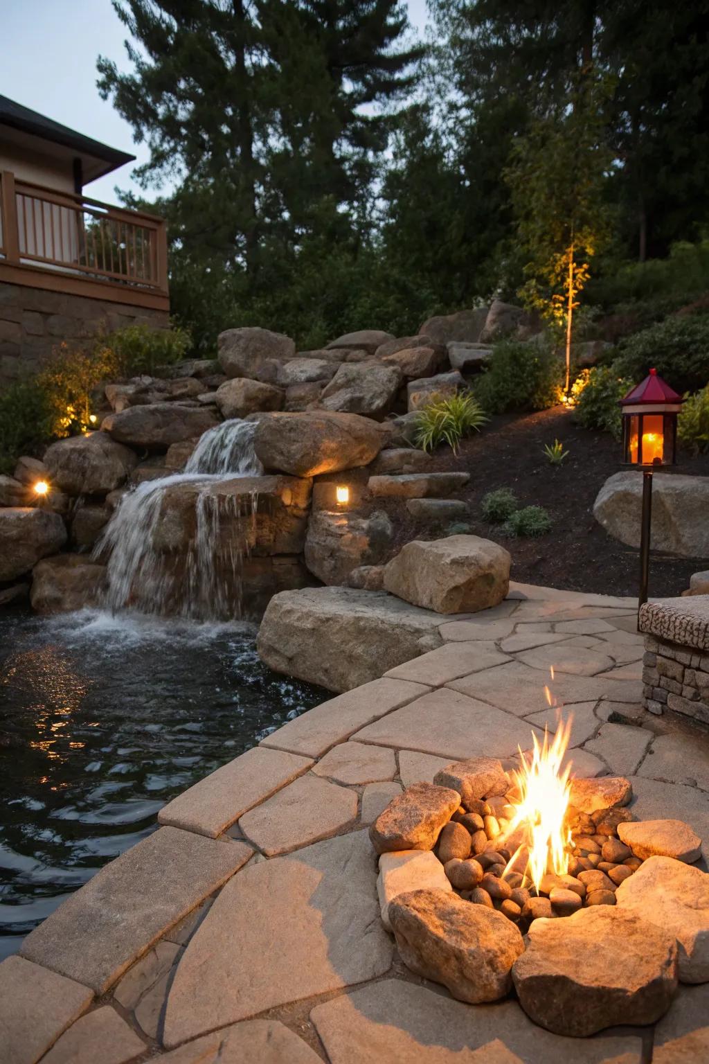 A rocky waterfall with a fire space creates a warm and inviting atmosphere.