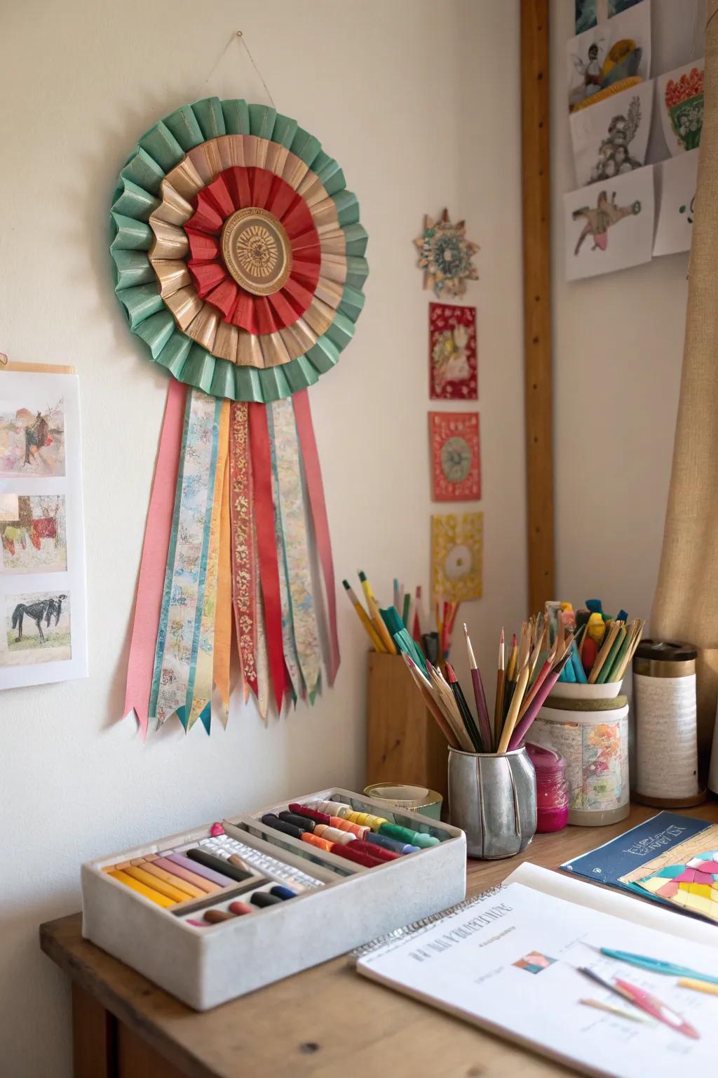 A striking wall rosette made from ribbons, ideal for a creative space.