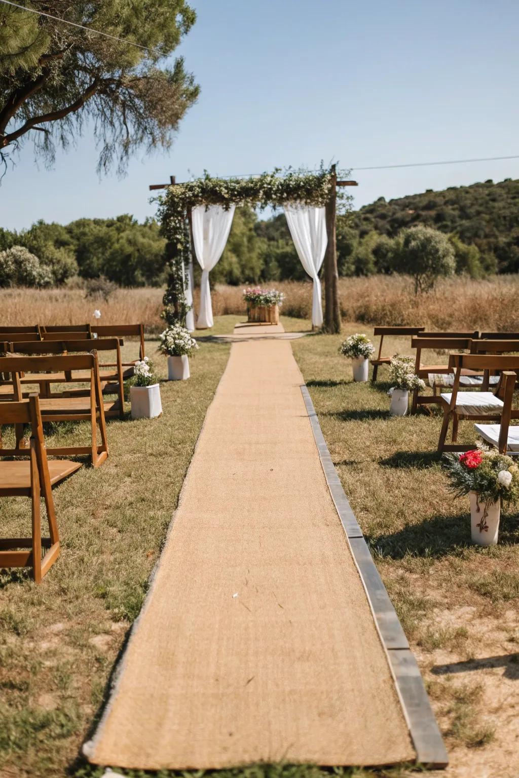 An earthy sisal runner adds texture to an outdoor ceremony.