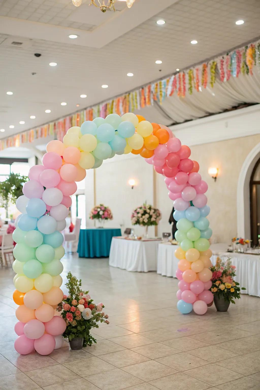 Creative balloons produce a fun and vibrant wedding arch.