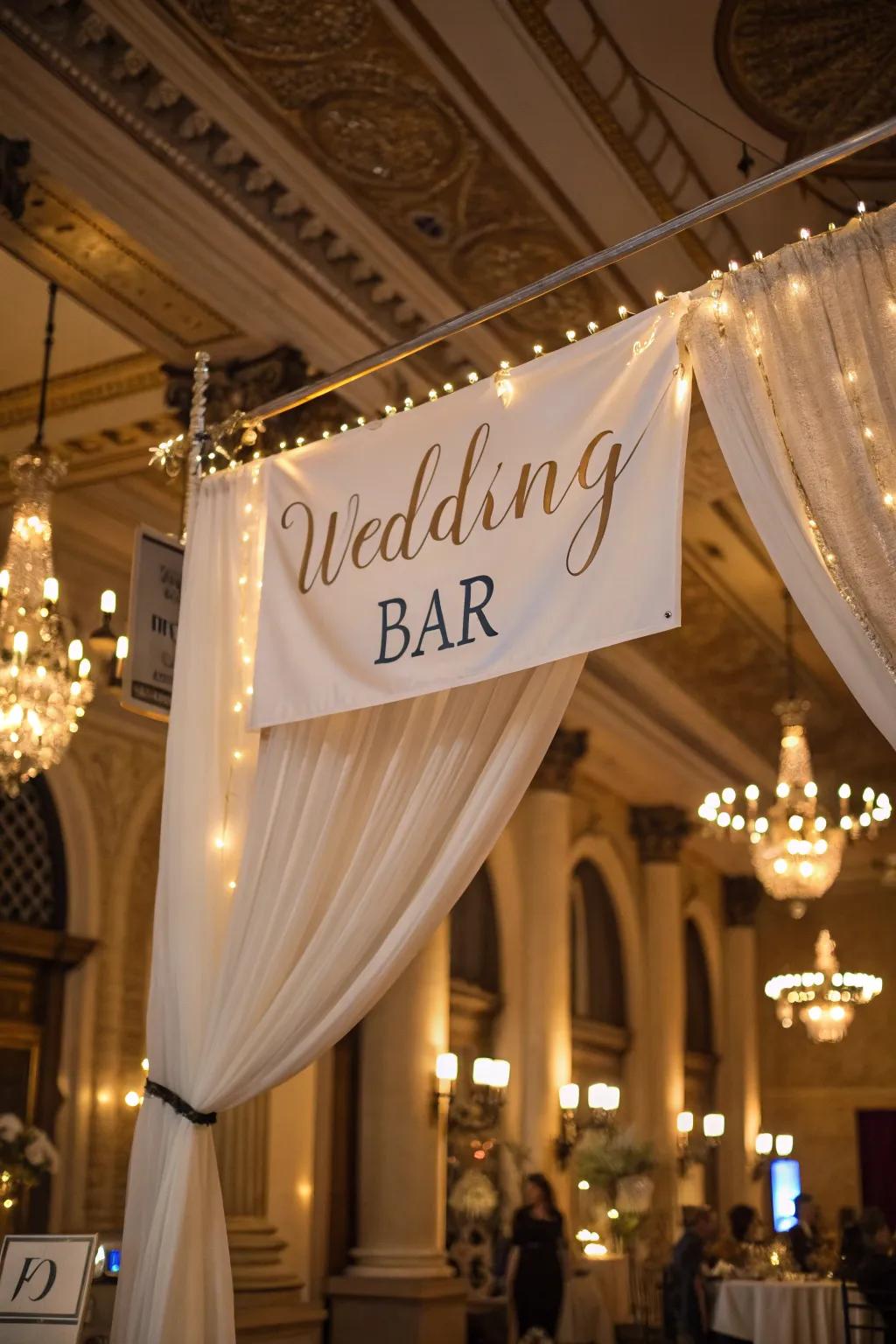 A luxurious draped fabric banner bar sign.