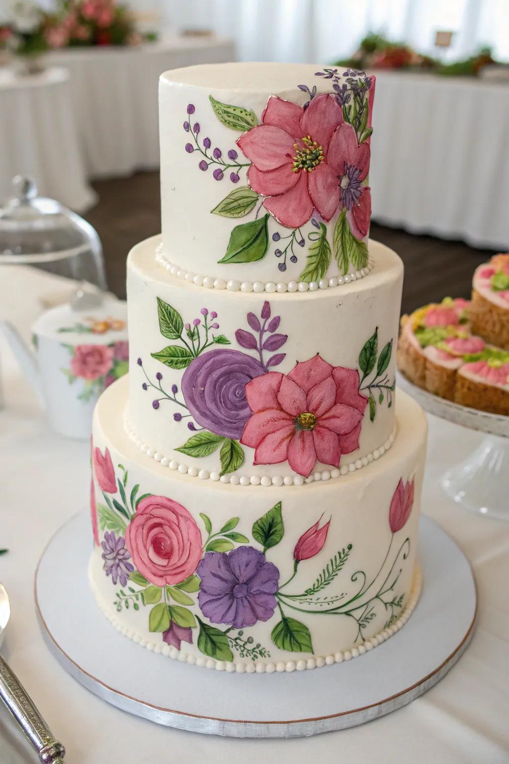 A wedding cake with hand-painted floral designs for an artistic talent.