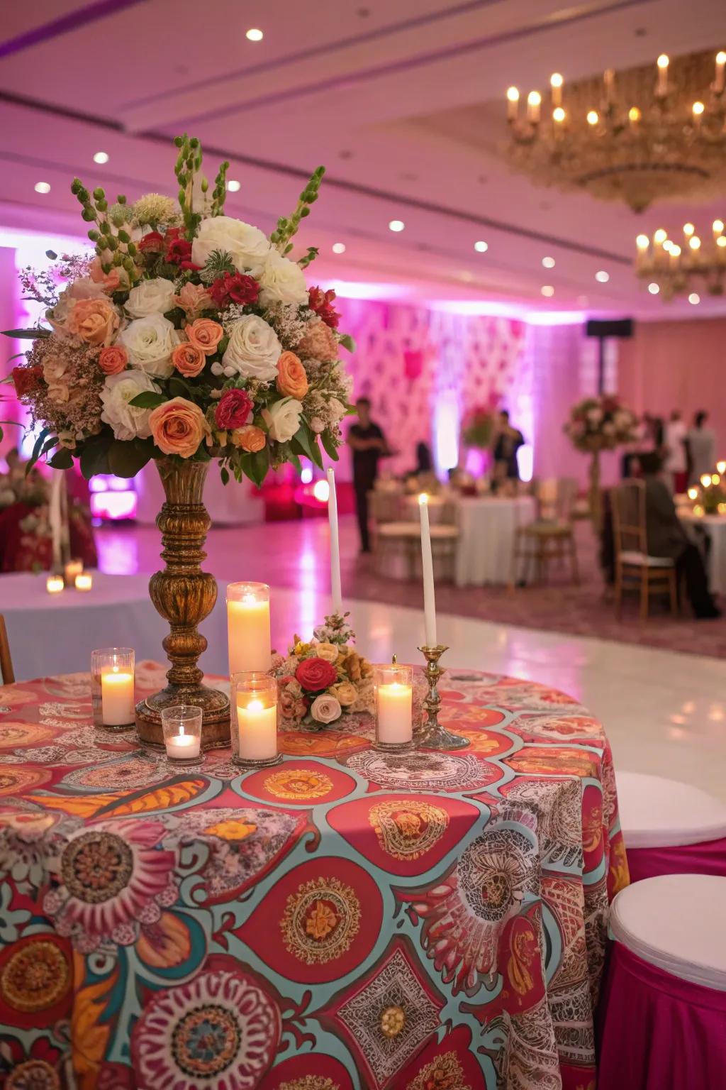 Designed tablecloths add a playful spin to the decor.