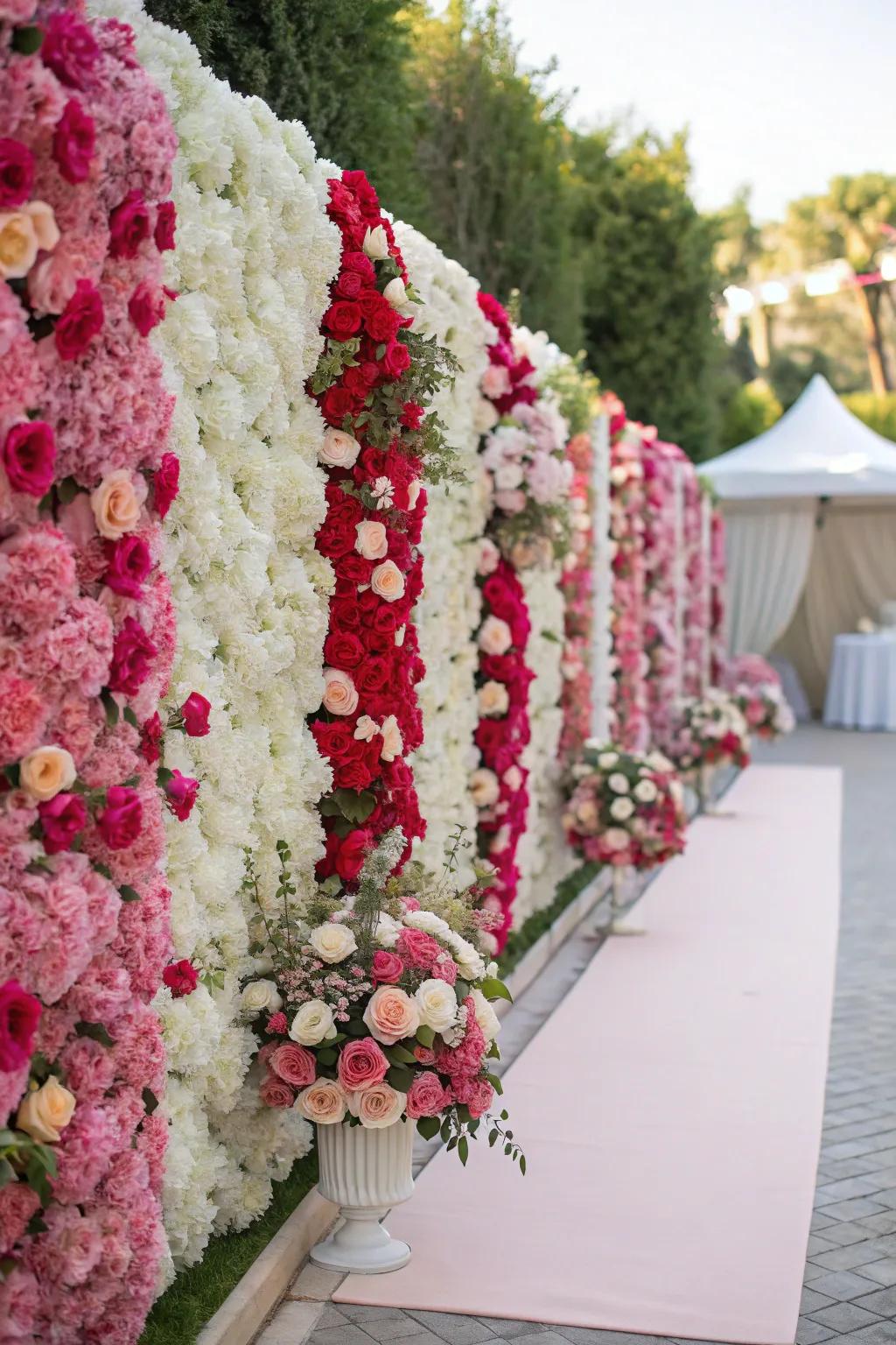 Dynamic bloom wall featuring roses and hydrangeas