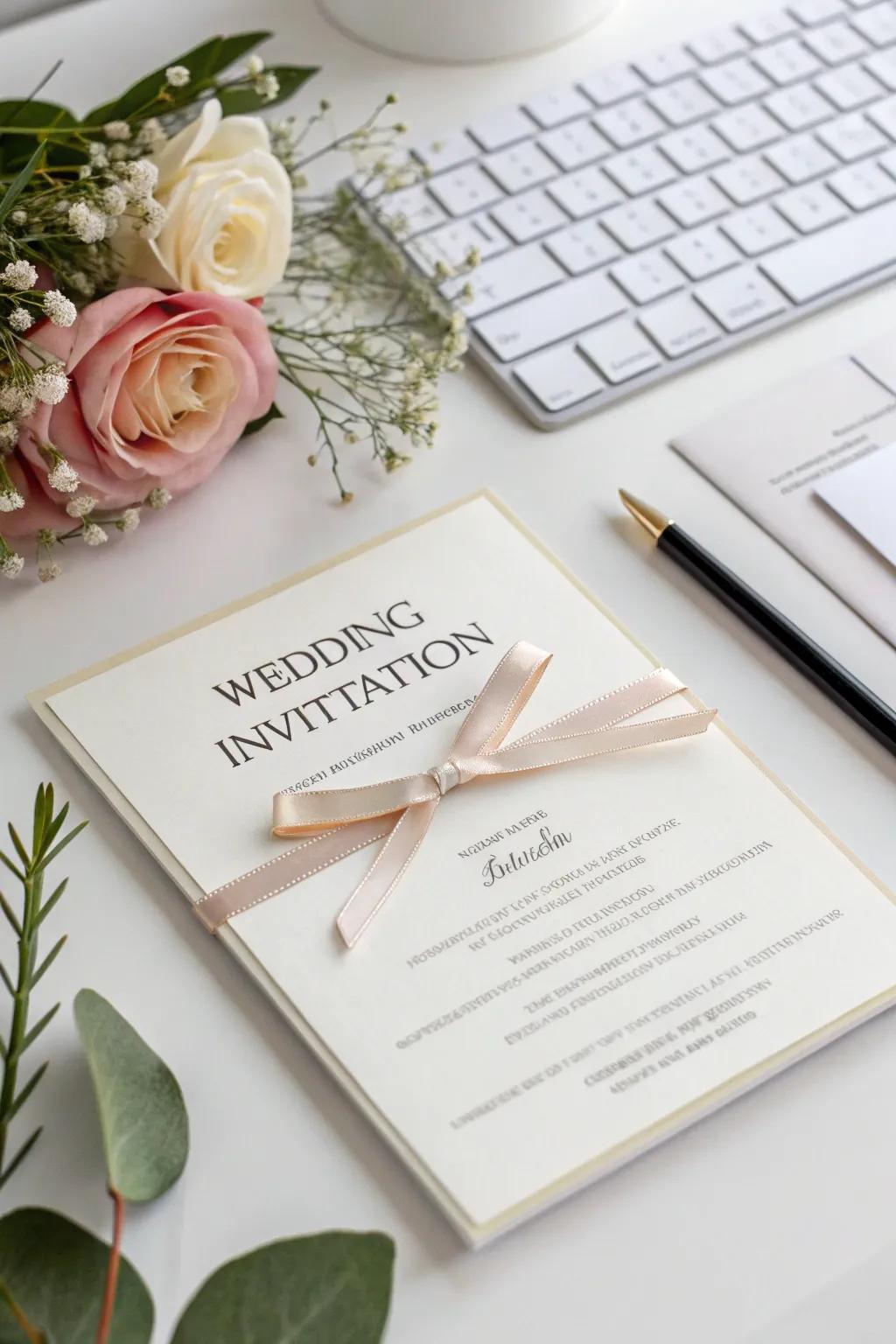 Minimalist ribbon band on a sleek wedding invitation.