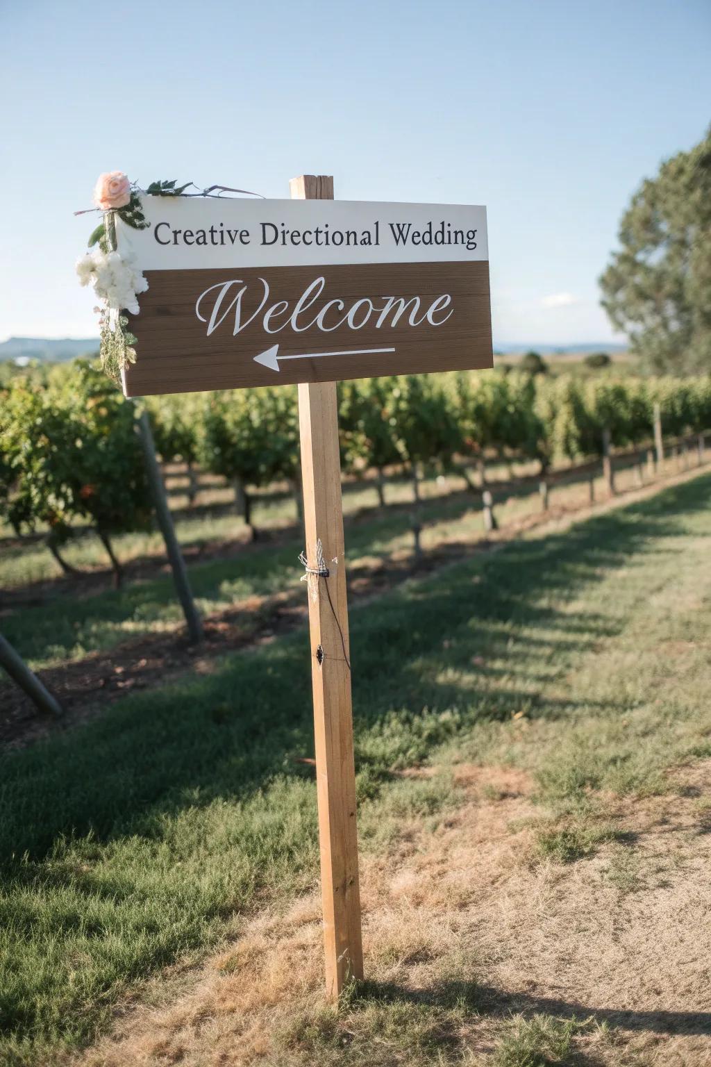 A creative directional greeting board, ideal for guiding guests at a vineyard wedding.