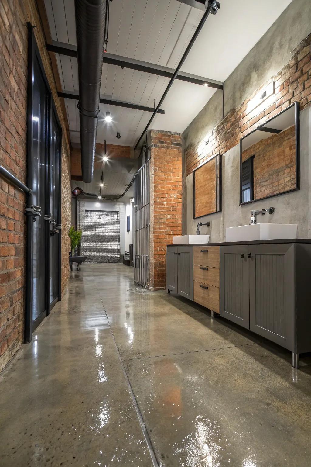 Concrete flooring adds an industrial chic vibe to wet rooms.