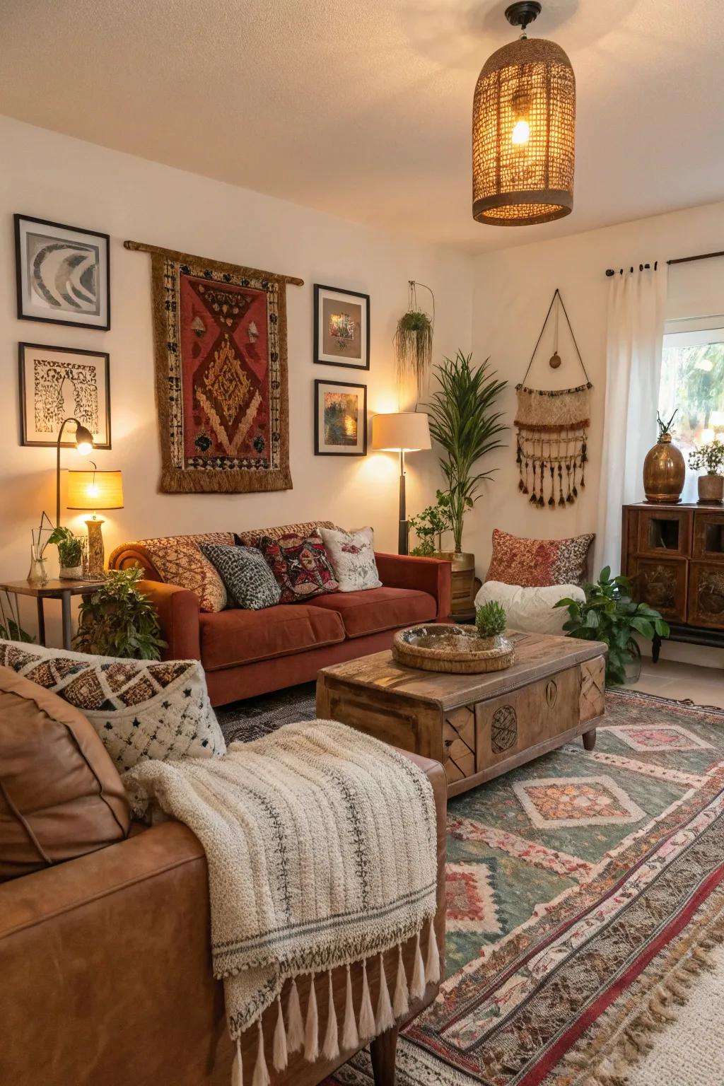 An eclectic boho living room that merges diverse styles.