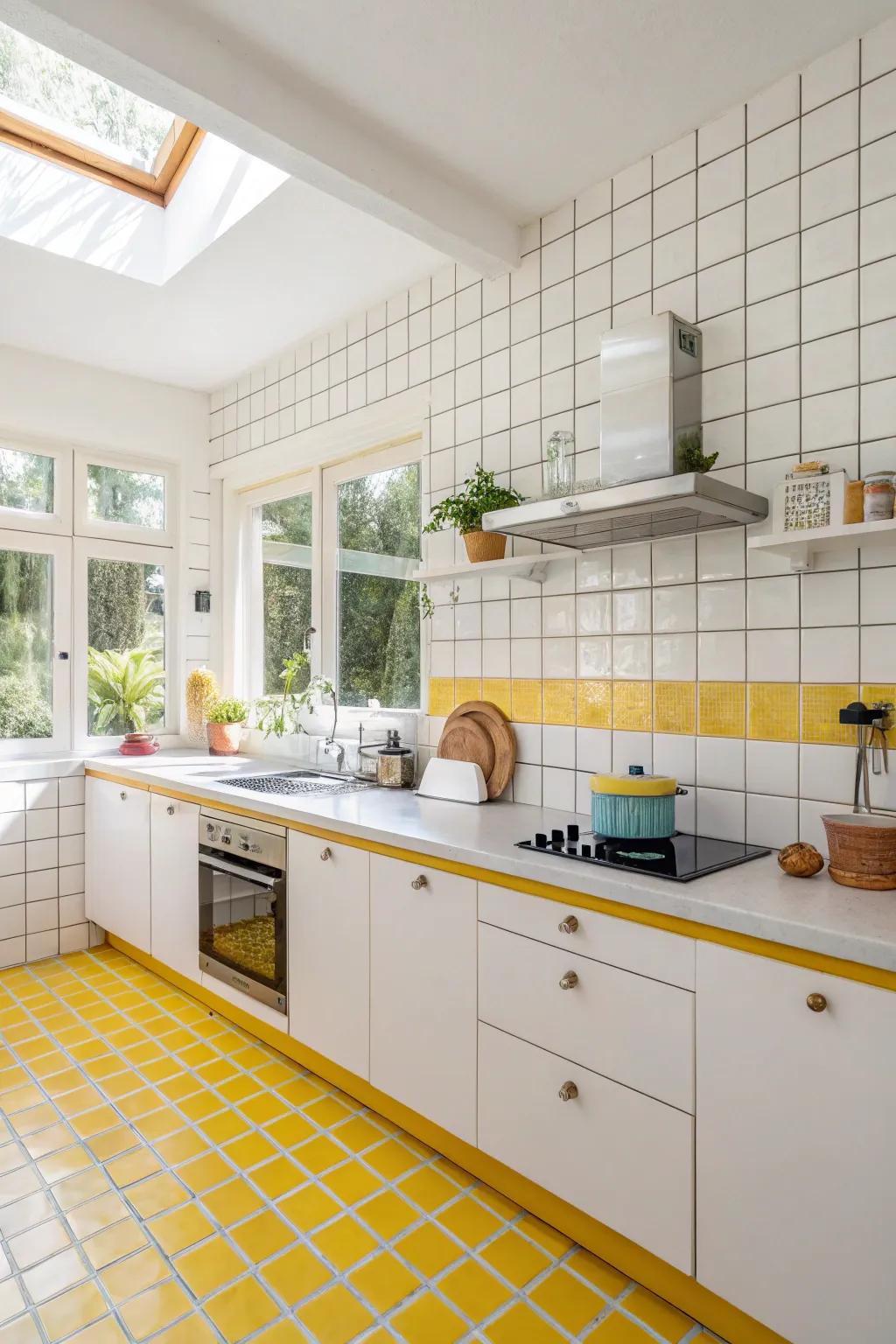 Gold burst grout introduces a cheerful and sunny element to white tiles.