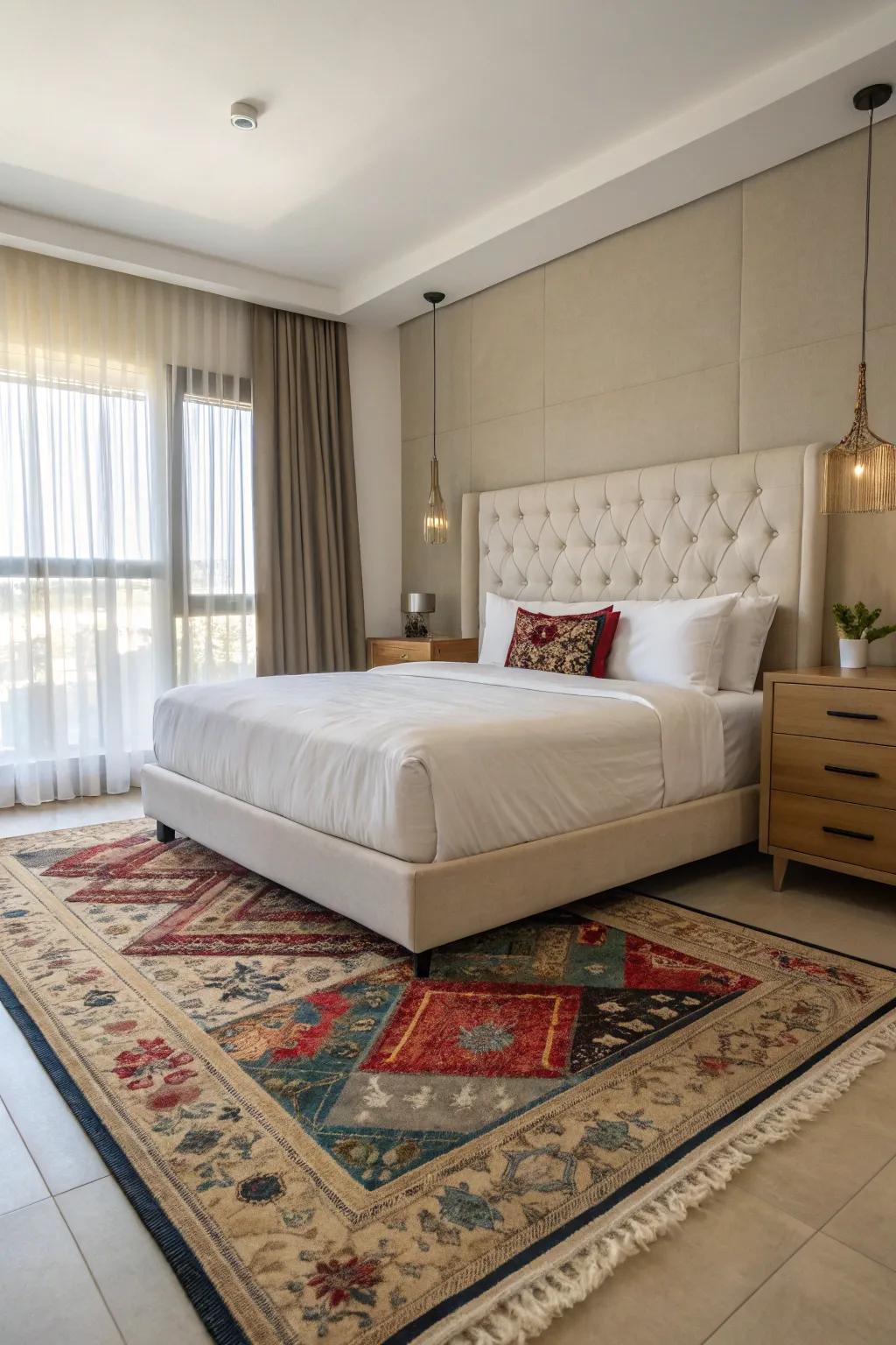 The floating rug technique crafts a modern, sophisticated bedroom ambiance.