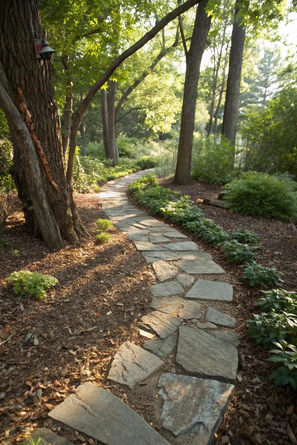 Bark chippings provide a rustic texture between stones.