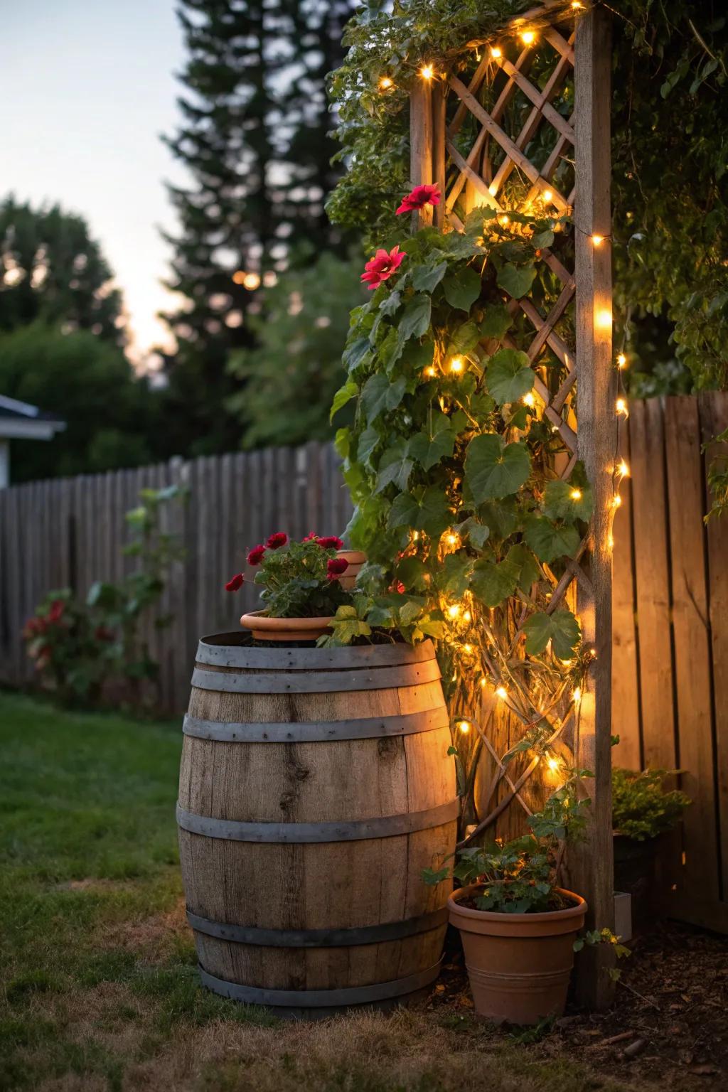 A trellis tower featuring twinkle lights, forming an illuminated garden attribute.