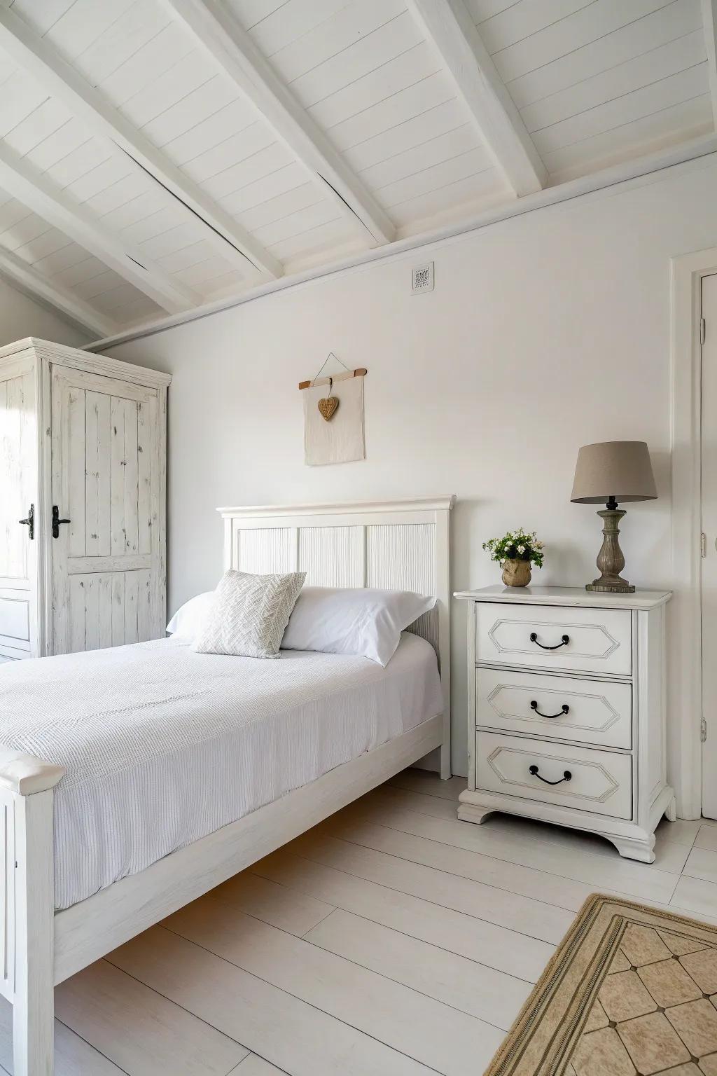 Minimalist furniture upholds a spotless appearance in a white bedroom.