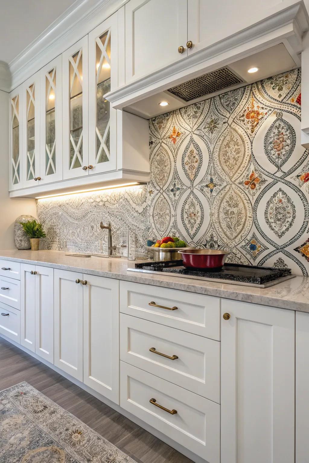 Mosaic tiles delivering an artistic touch to white cabinetry.