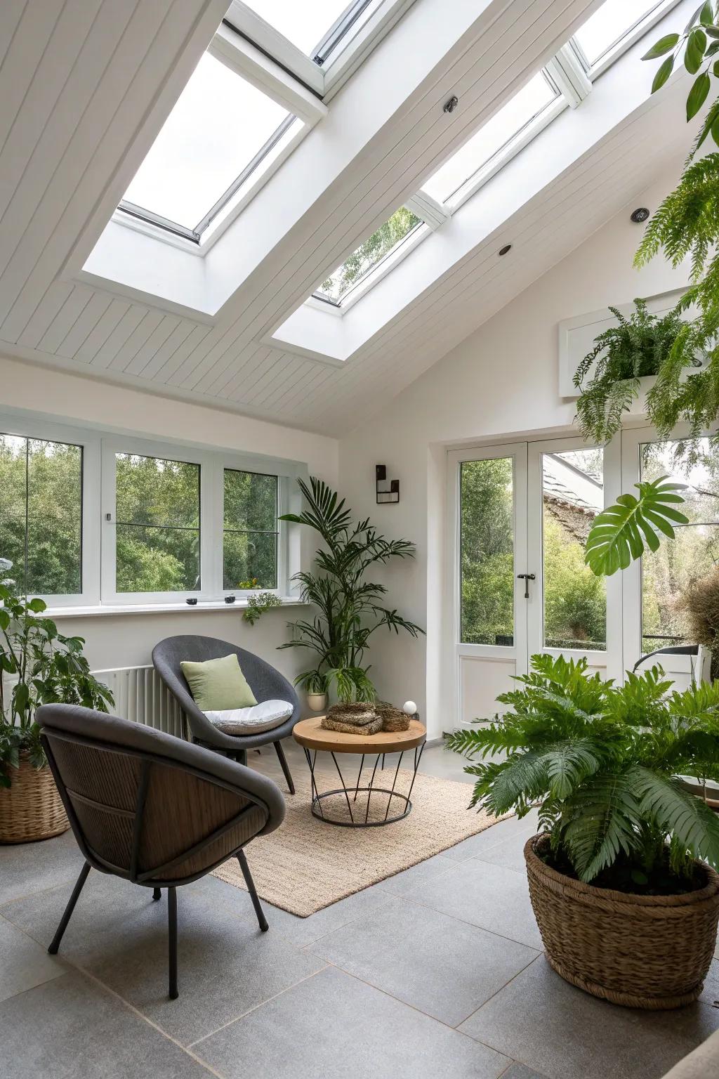 A room with a white ceiling and skylights, bringing in abundant natural light.