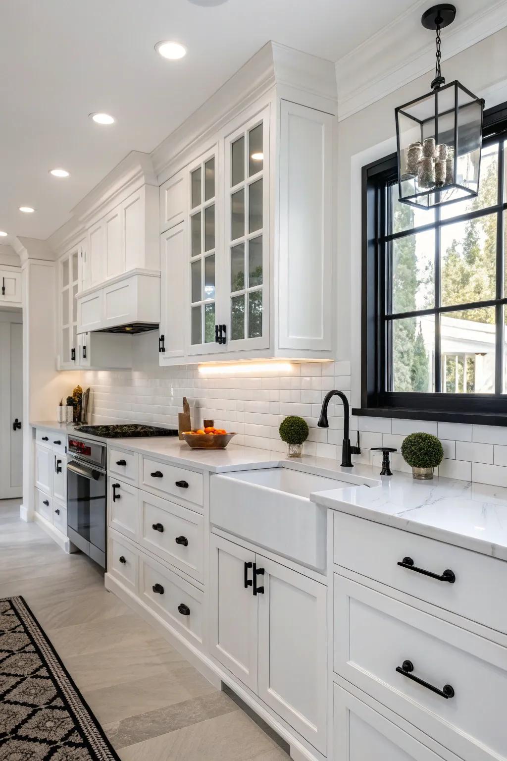 Ebony accents provide a striking contrast in this timeless white kitchen.