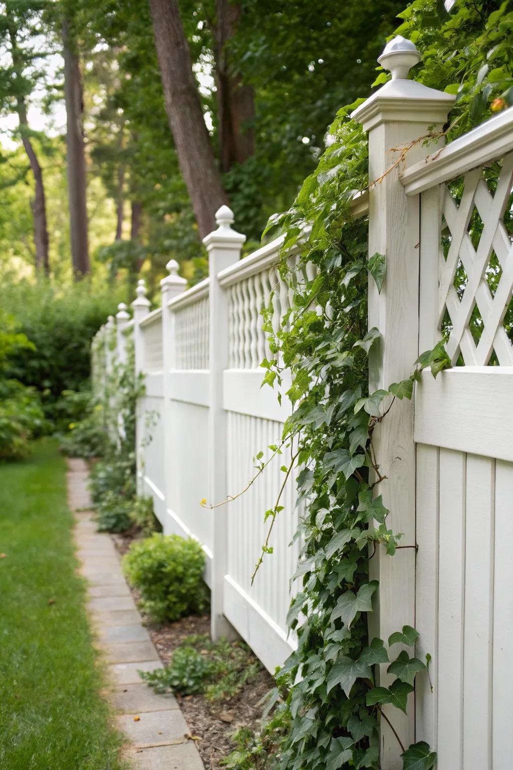 Lattice sections enable a white fence to become a stunning vertical garden.