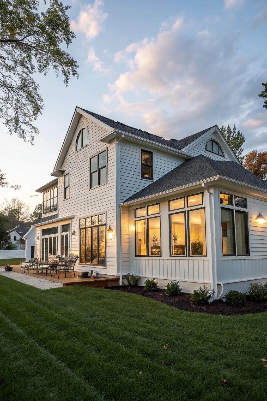 A house with expansive windows and white panelling for a light and airy feel.