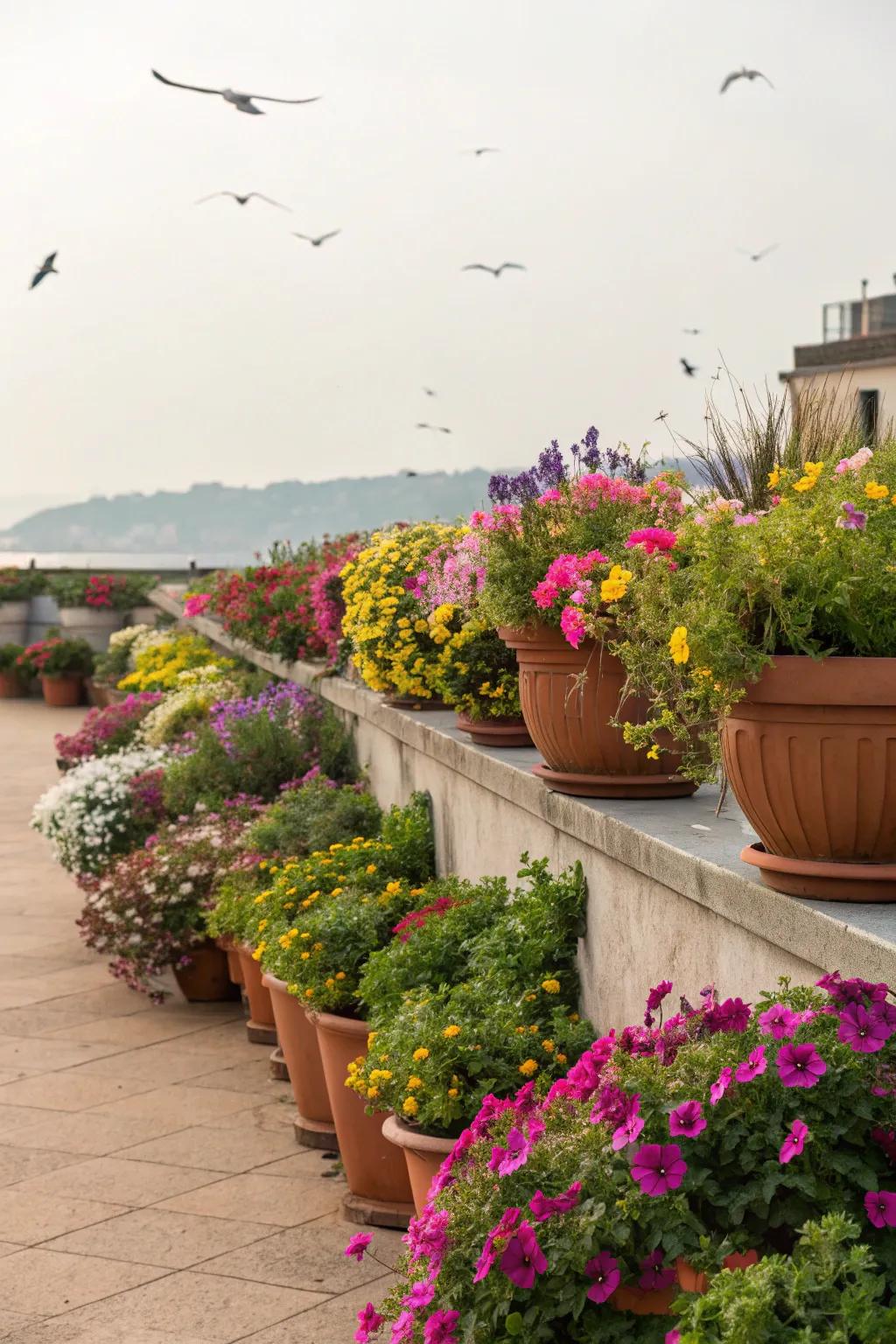 A vibrant wildflower container garden excellent for compact environments.