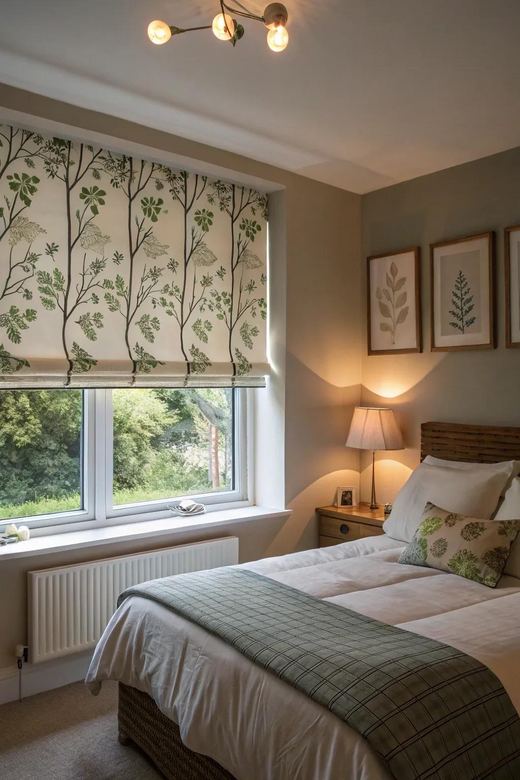 Nature-inspired coverings creating a calm bedroom atmosphere.