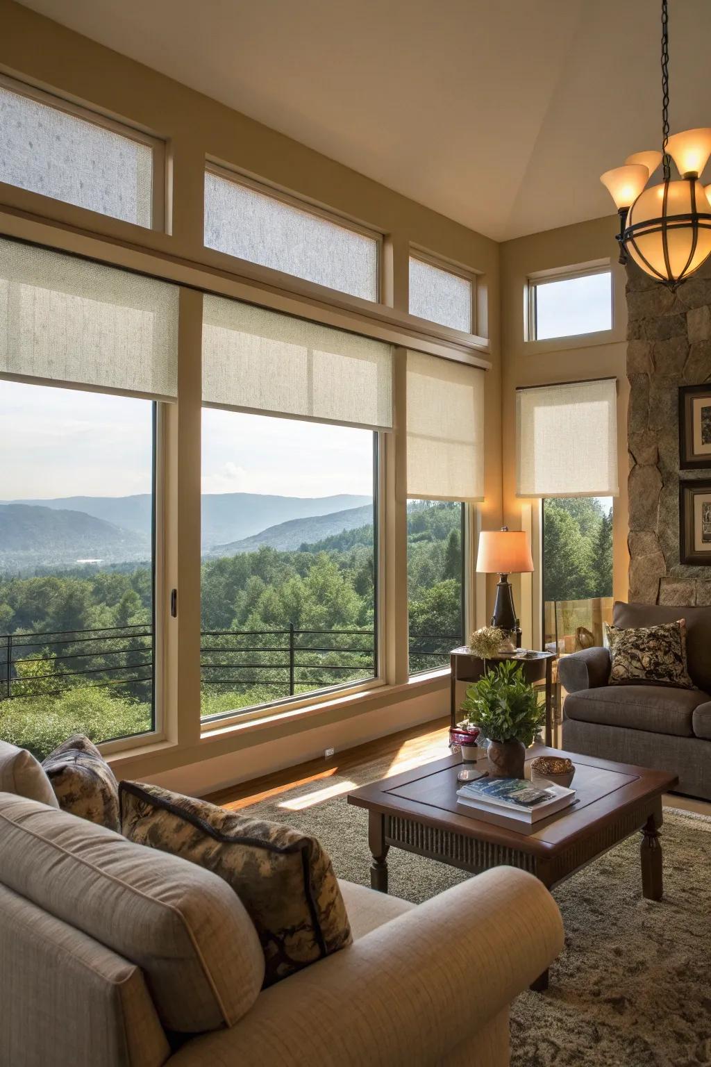 Sun control shades defend against UV rays while maintaining scenic views.