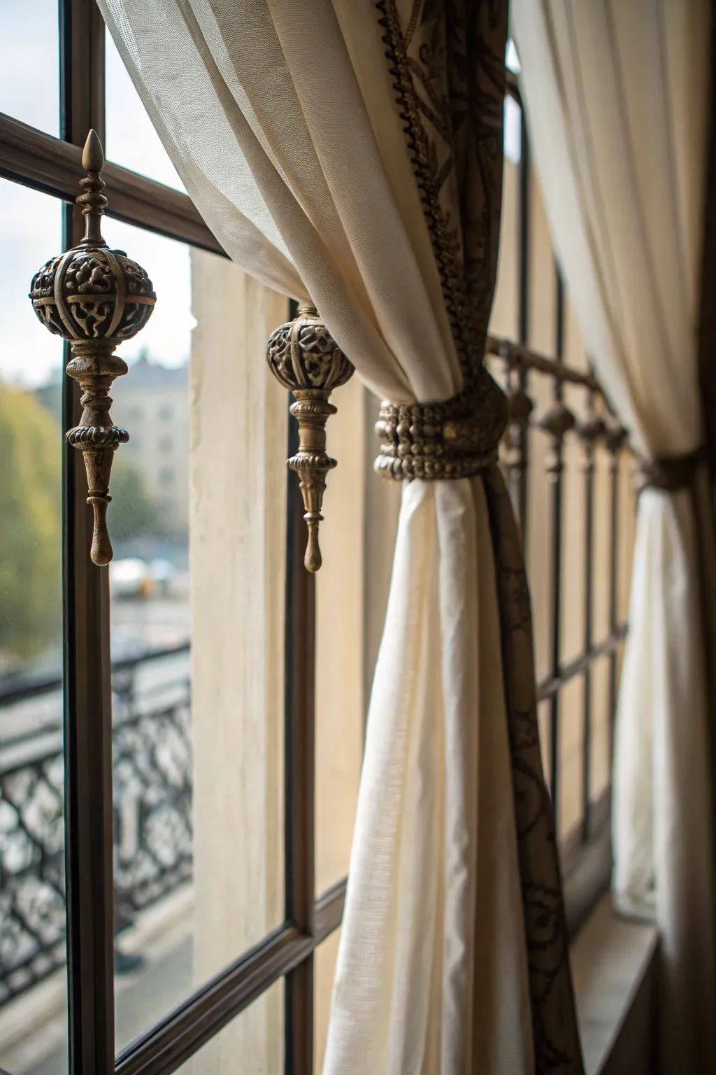 Ornate hardware adds a decorative touch to these window treatments.