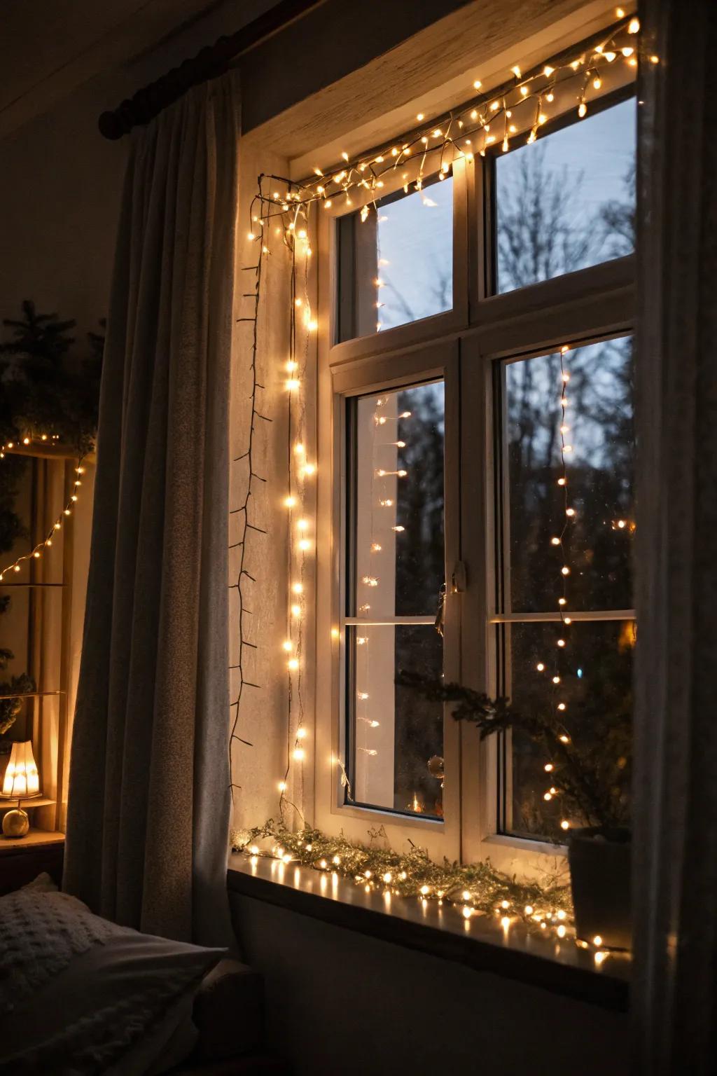 Fairy lights add a magical touch to window frames.