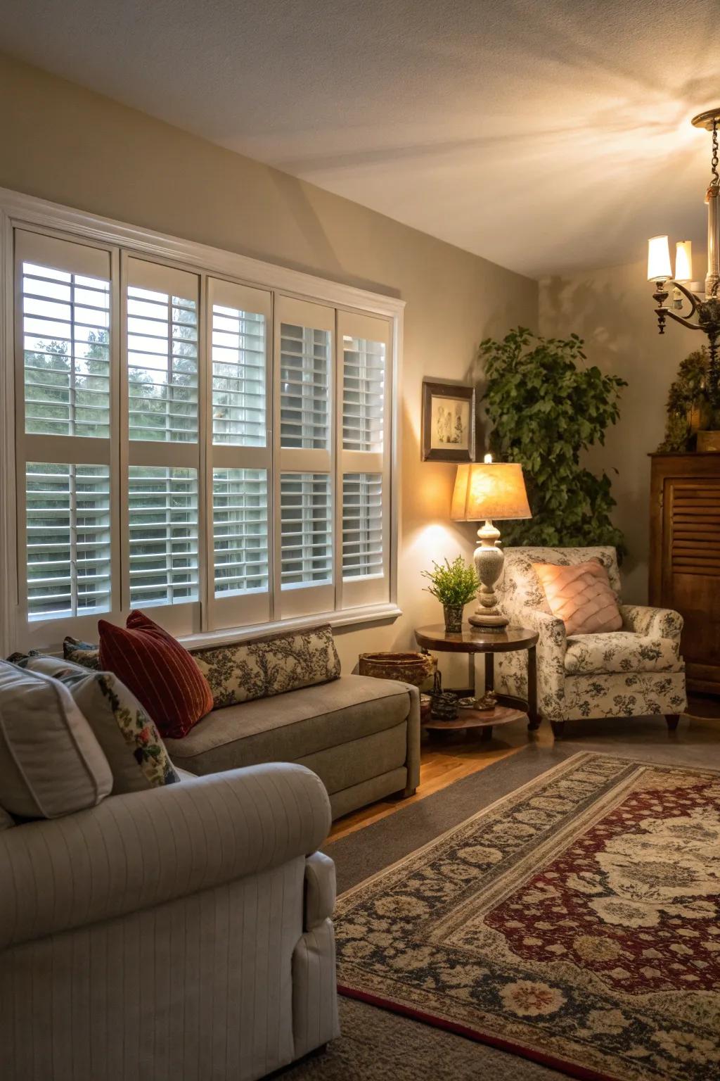 Classic indoor shutters add charm to the living room.