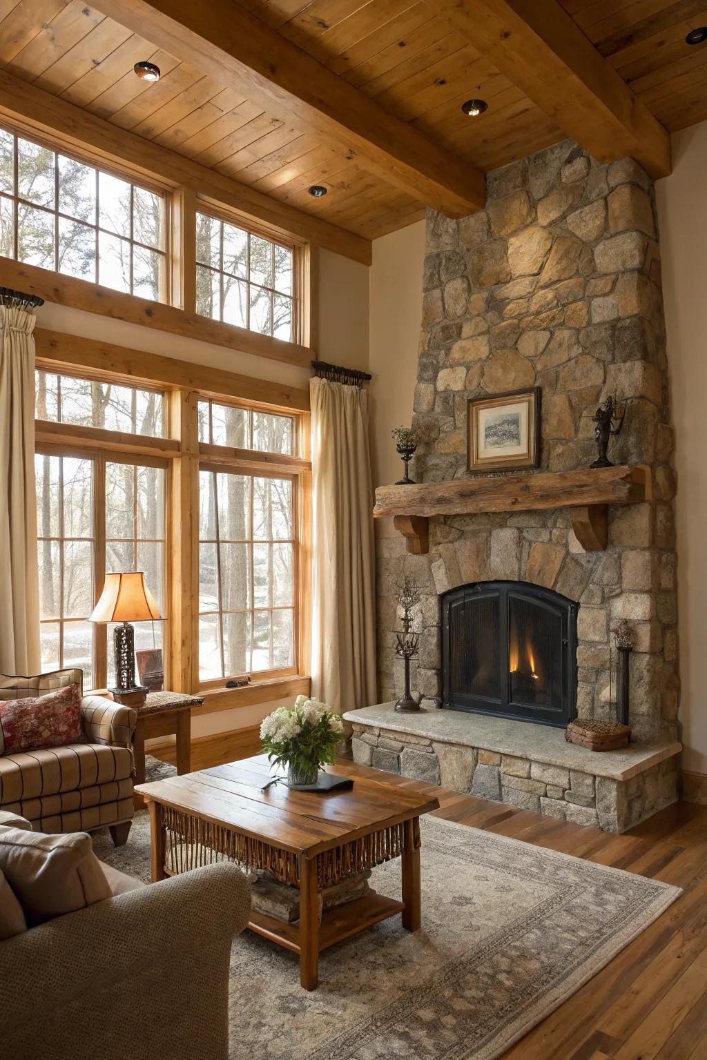 Natural lumber frames enhance countryside charm in a lounge.