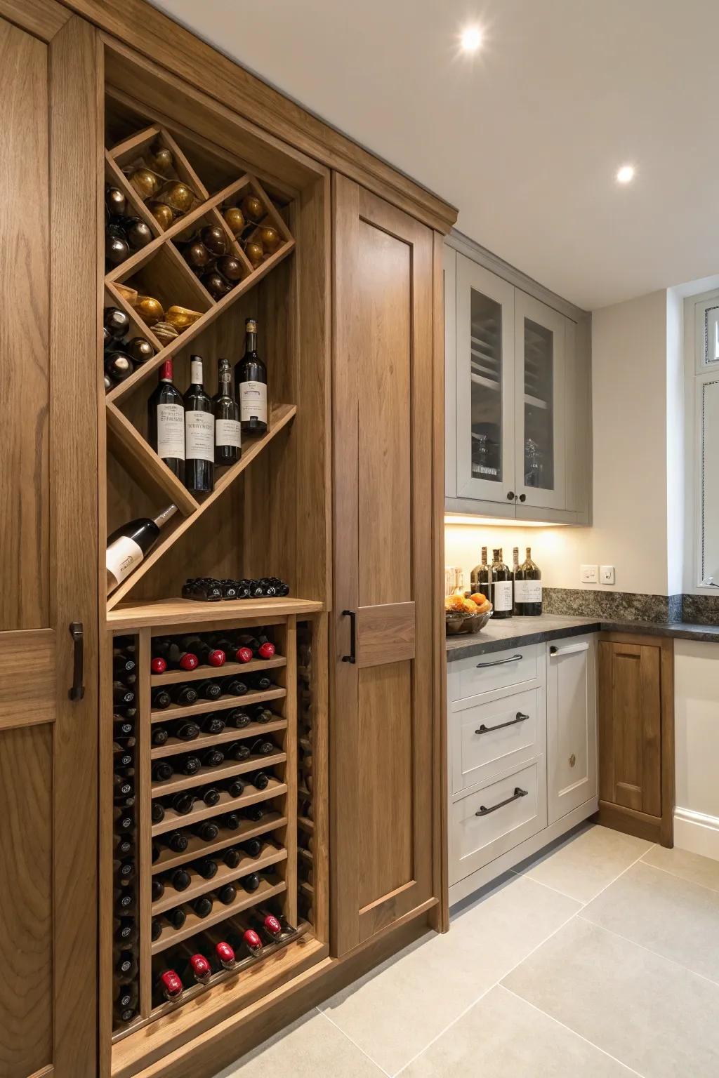 A hidden pantry delightfully transformed into a wine storage.