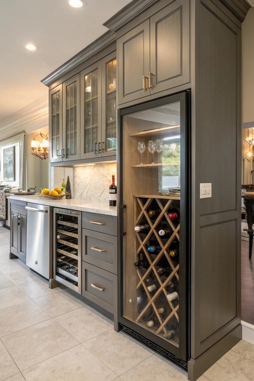 Customized cabinetry harmonizes wine storage with kitchen aesthetics.