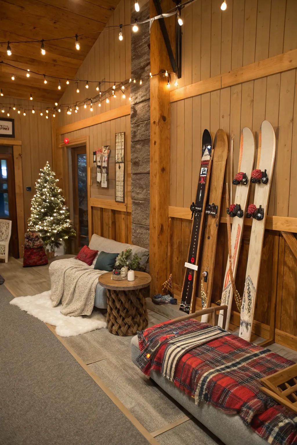 An adventurous ski resort festivities theme featuring ski and snowboard decorations.