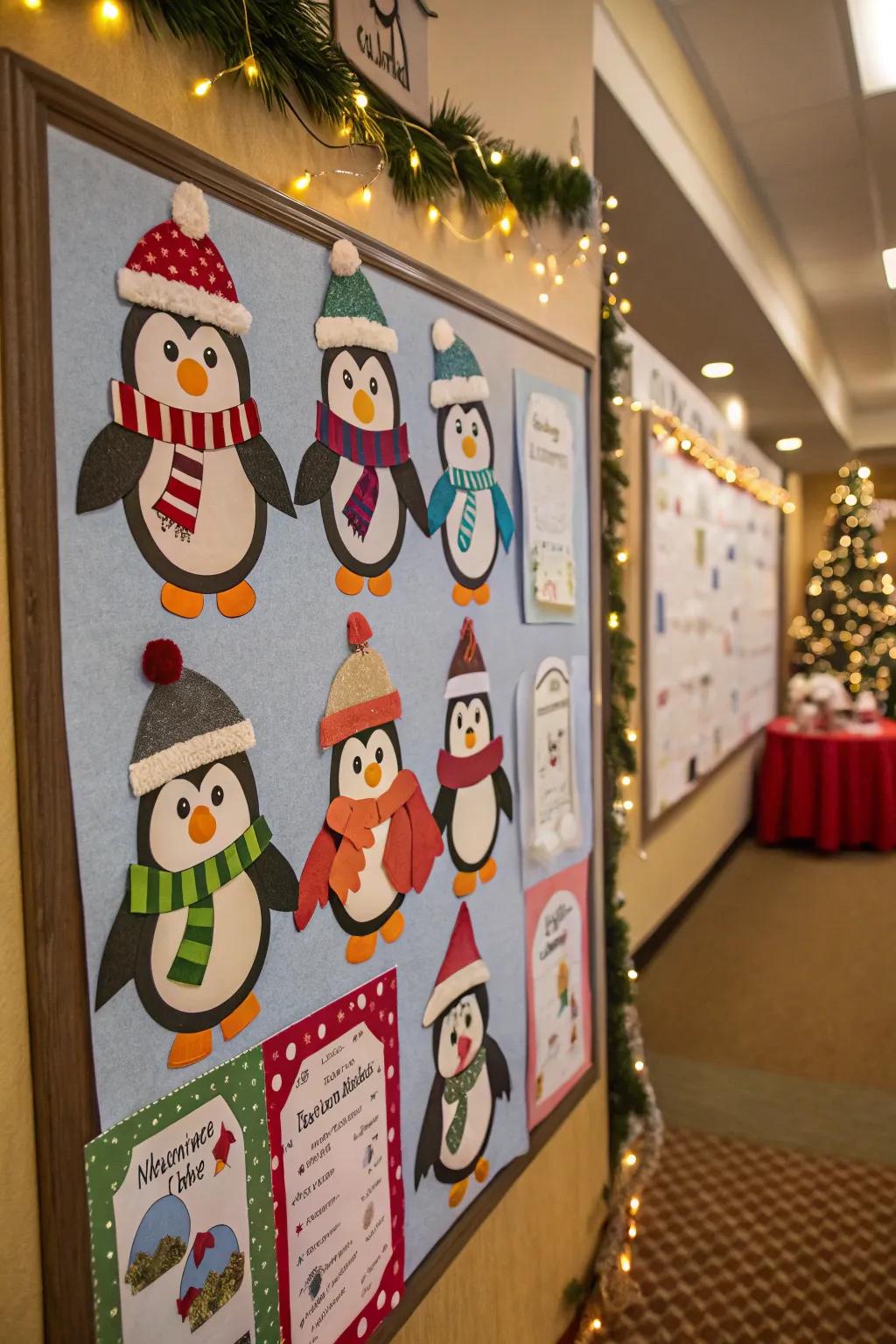 A party of penguins adds a whimsical charm to the classroom bulletin board.
