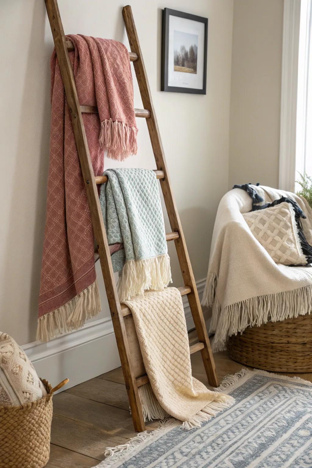 A comforting blanket stand showcase beckons warmth into the lounge.