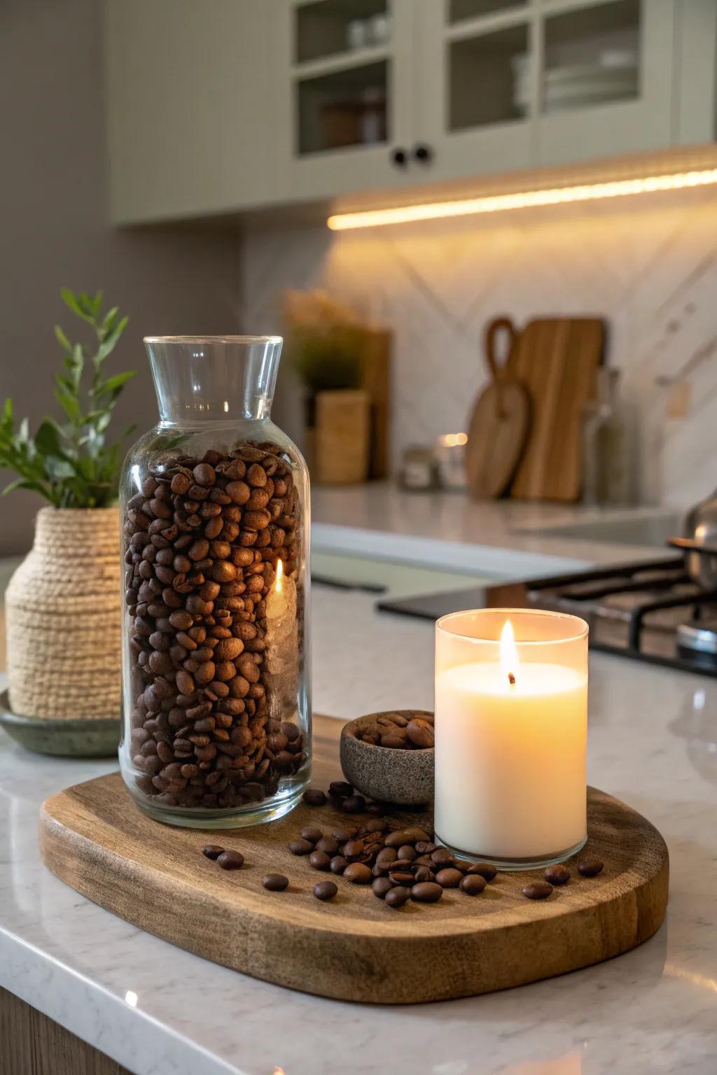 Coffee beans and candlelight produce a comfortable and inviting atmosphere.