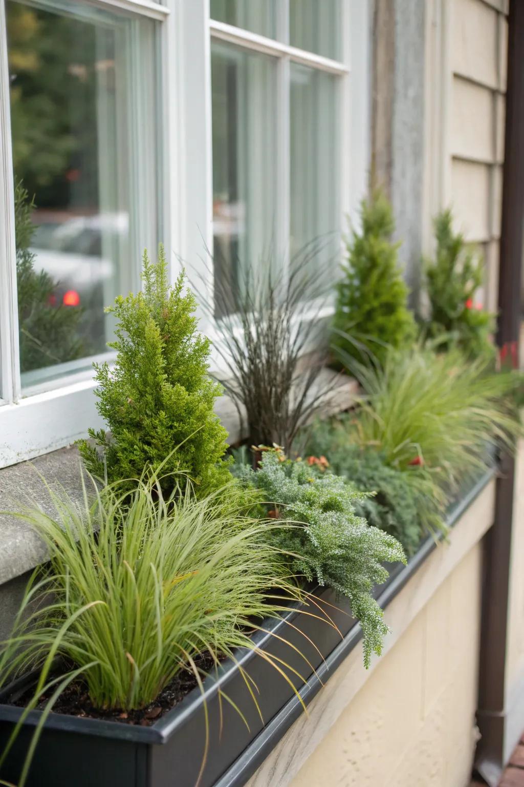 Carex grasses infuse this winter window box with texture and movement.