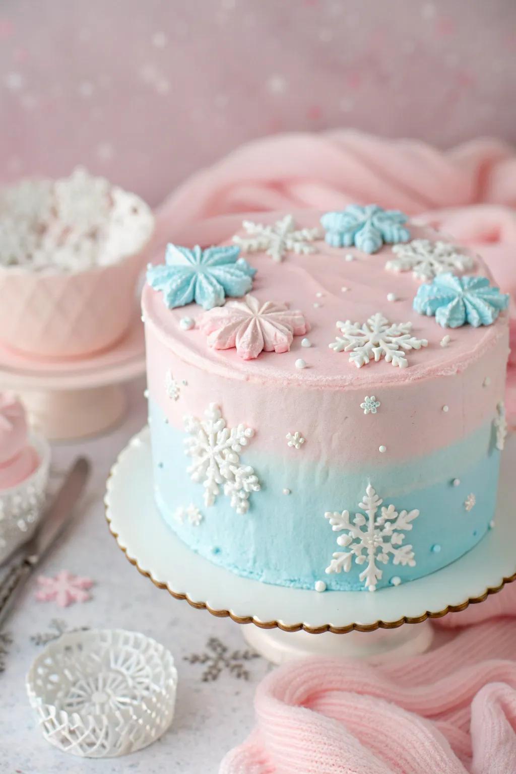 A pastel winter dream with soft hues and delicate flurries.