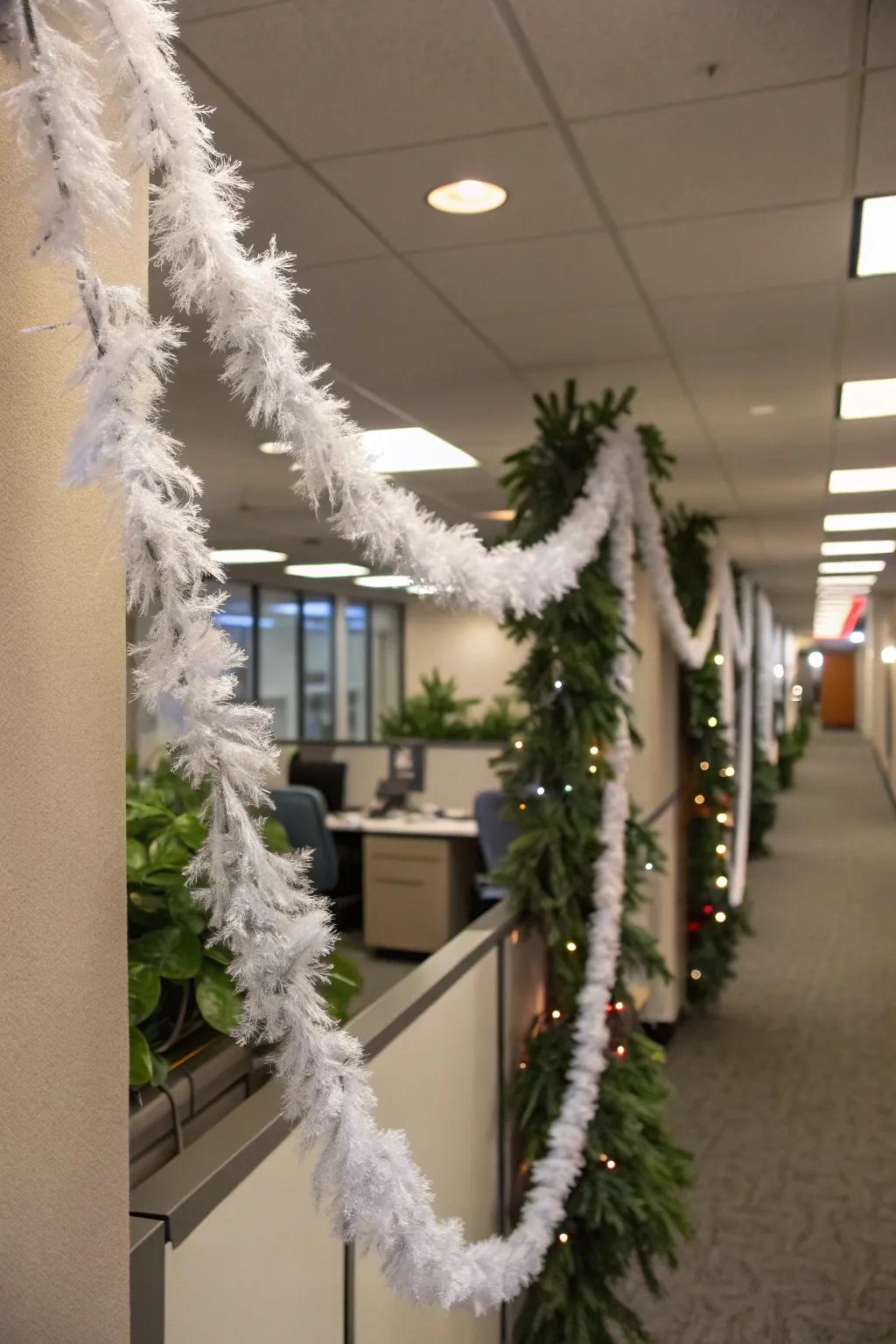A DIY faux snow ribbon adds a creative snowy touch to your office.
