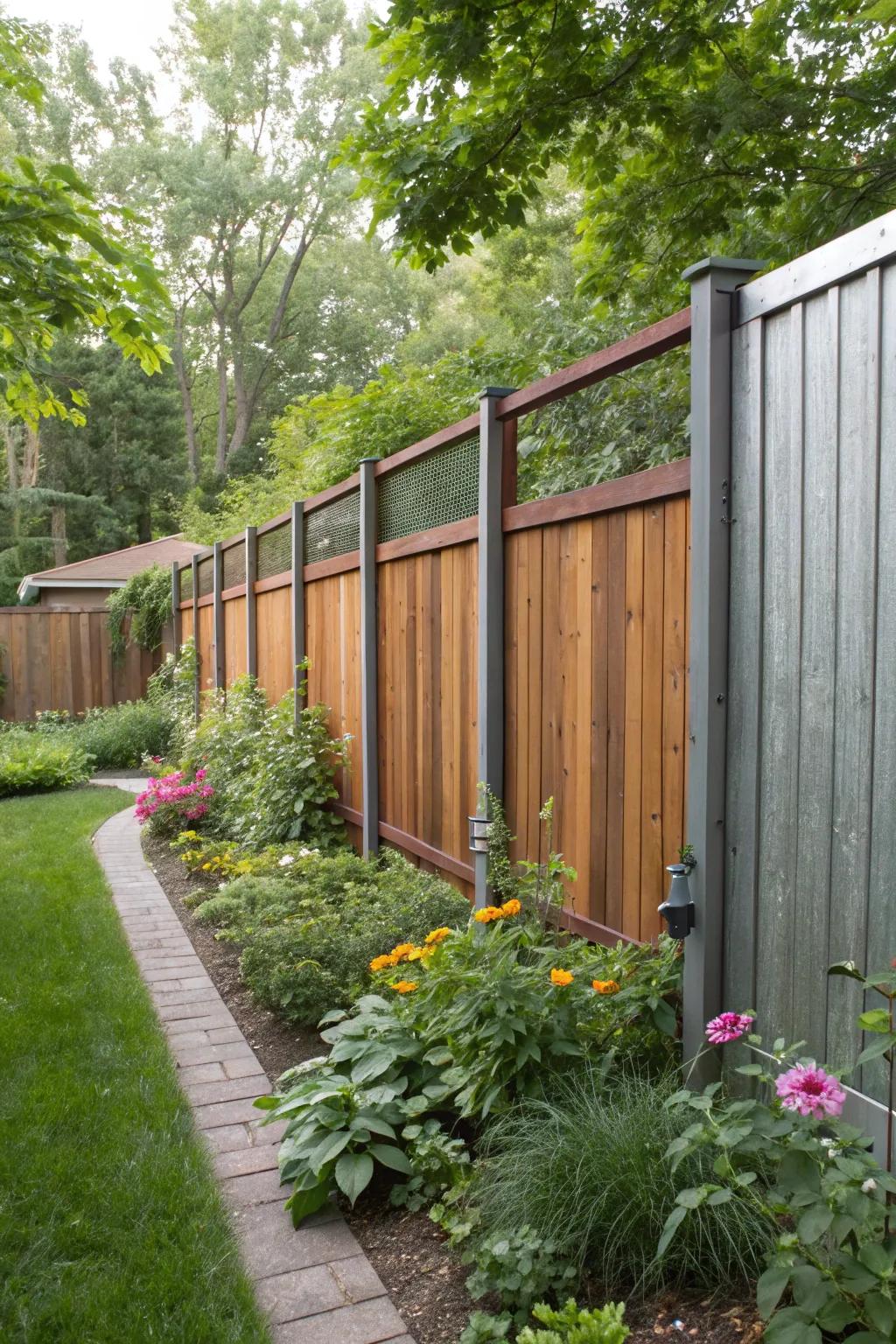 A unique privacy fence created from varied timber and metal materials.