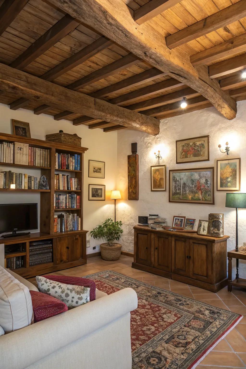 Personalized family room showcasing artwork and shelving beneath wood beams.