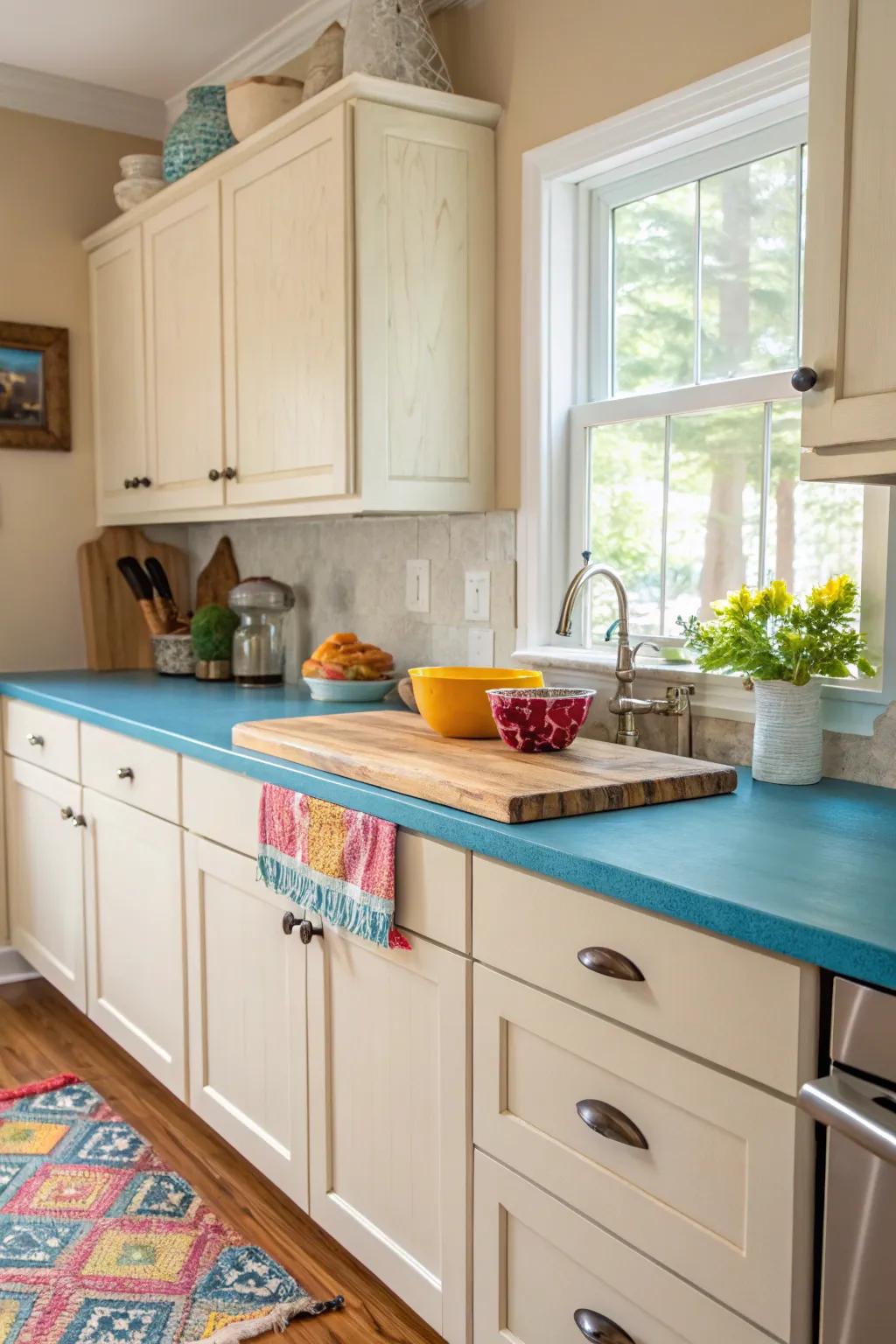 A bold color pop on timber countertops for a vibrant cooking area aesthetic.