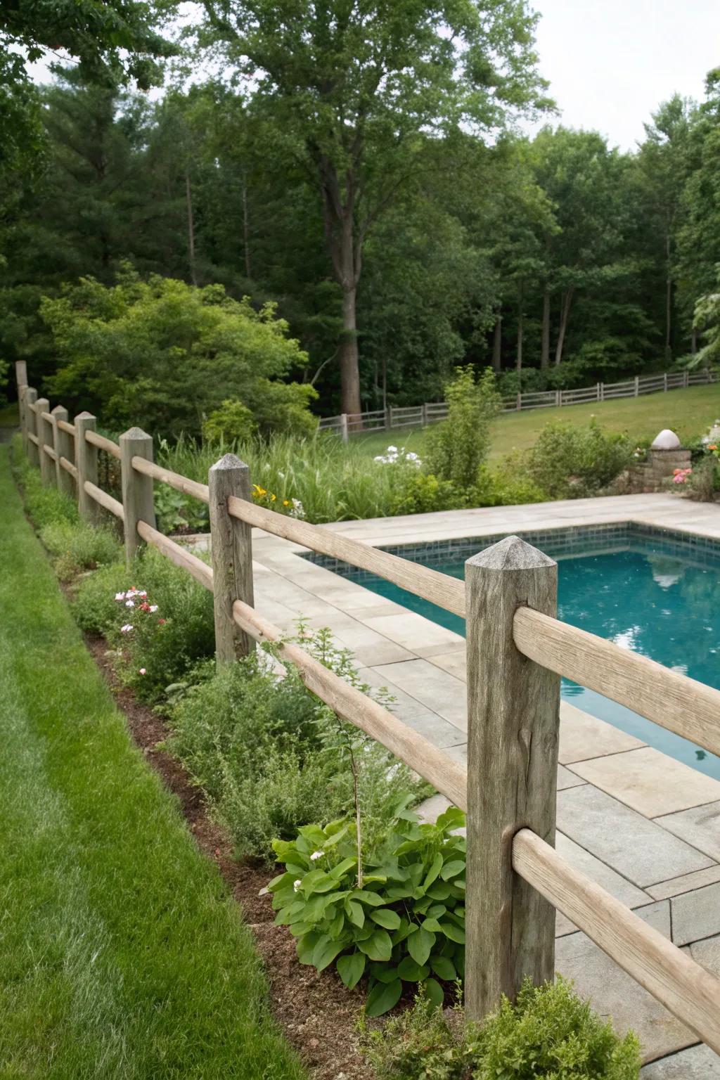 Post and rail fences offer open views while maintaining poolside safety.